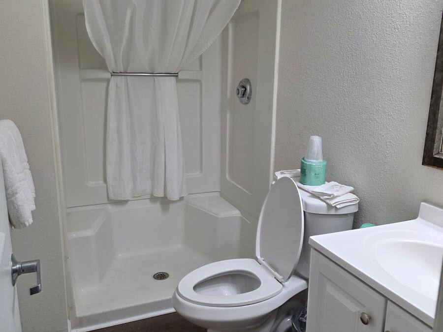 A bathroom with a shower, toilet, and sink.