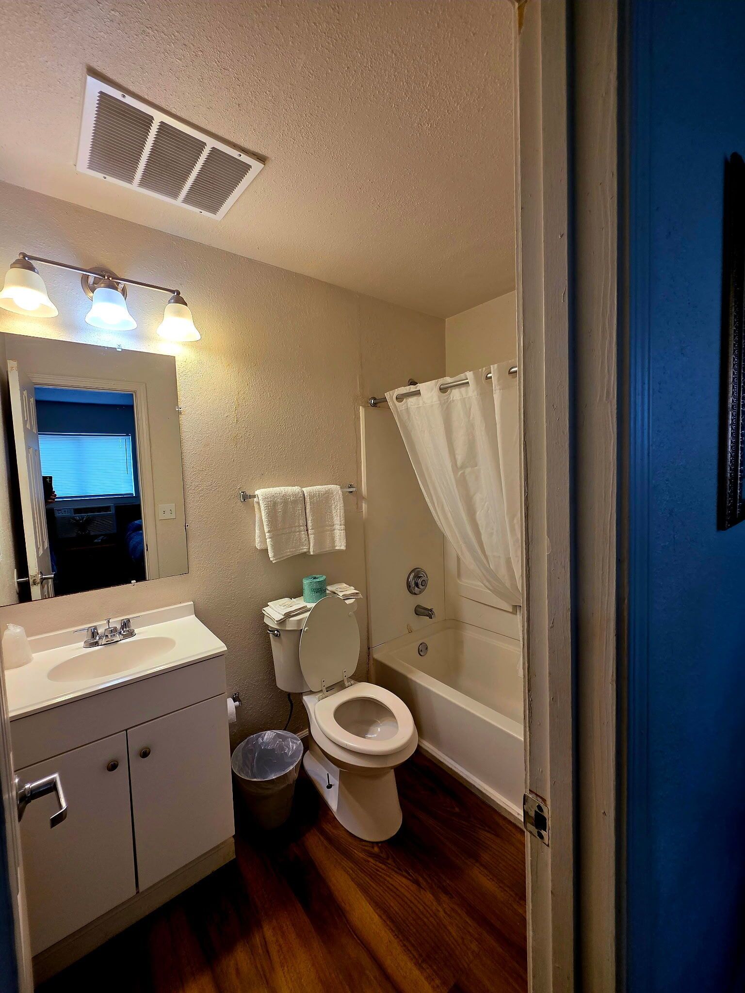 Chuveiro/banheira combinados, toalhas de banho, papel higiênico 