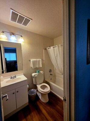 A bathroom with a toilet, sink, vanity, shower curtain, and a ceiling vent. - Stay Lodge Woodstock (Woodstock)