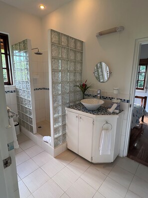 Douche, séchoir à cheveux, serviettes fournies, savon