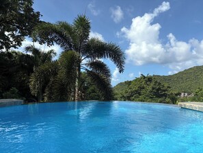 Une piscine d’un bleu éclatant, entourée d’une végétation luxuriante, avec une chaîne de montagnes en toile de fond.