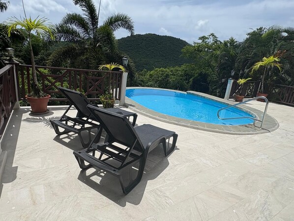 Un espace piscine aménagé avec des chaises longues et des plantes en pot.