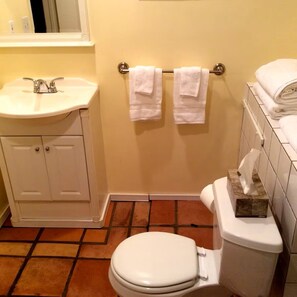 Hair dryer, towels, soap, toilet paper
