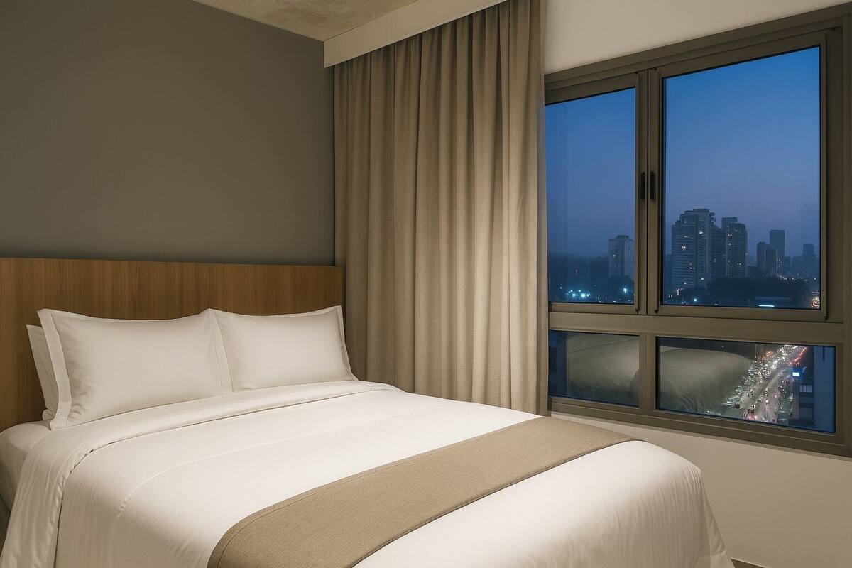 Ein Hotelzimmer mit Bett, Vorhängen und einem großen Fenster mit Blick auf die Stadt.
