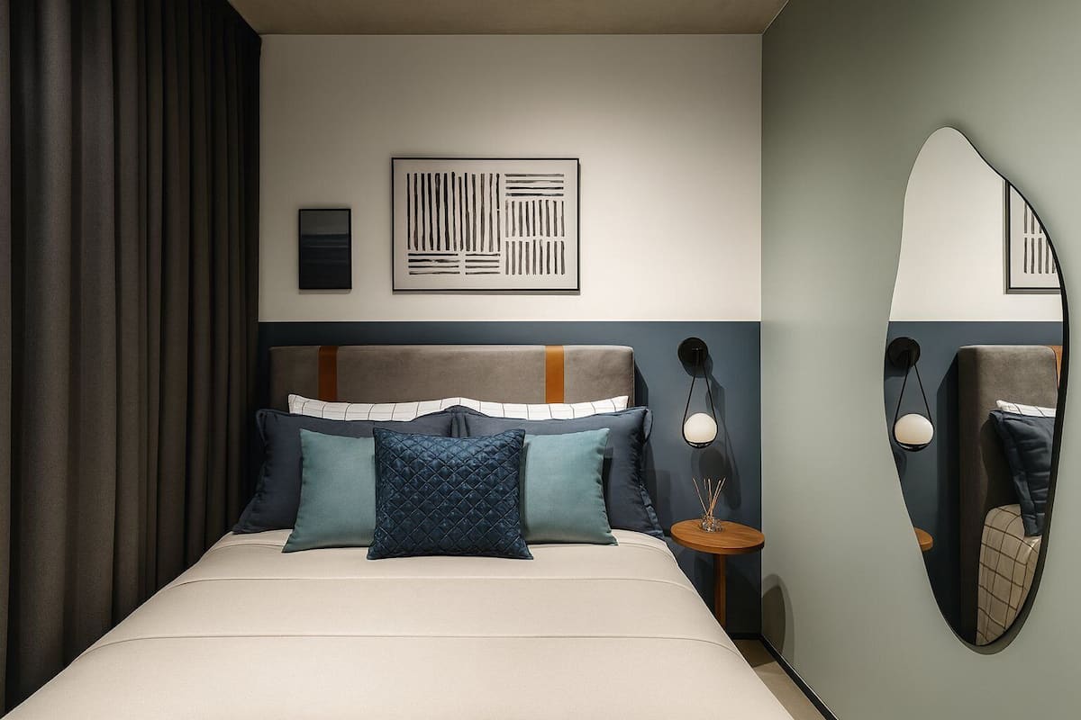Ein Schlafzimmer mit einem Bett, Kissen, einem Kopfteil, einem Wandspiegel und einem gerahmten Bild.
