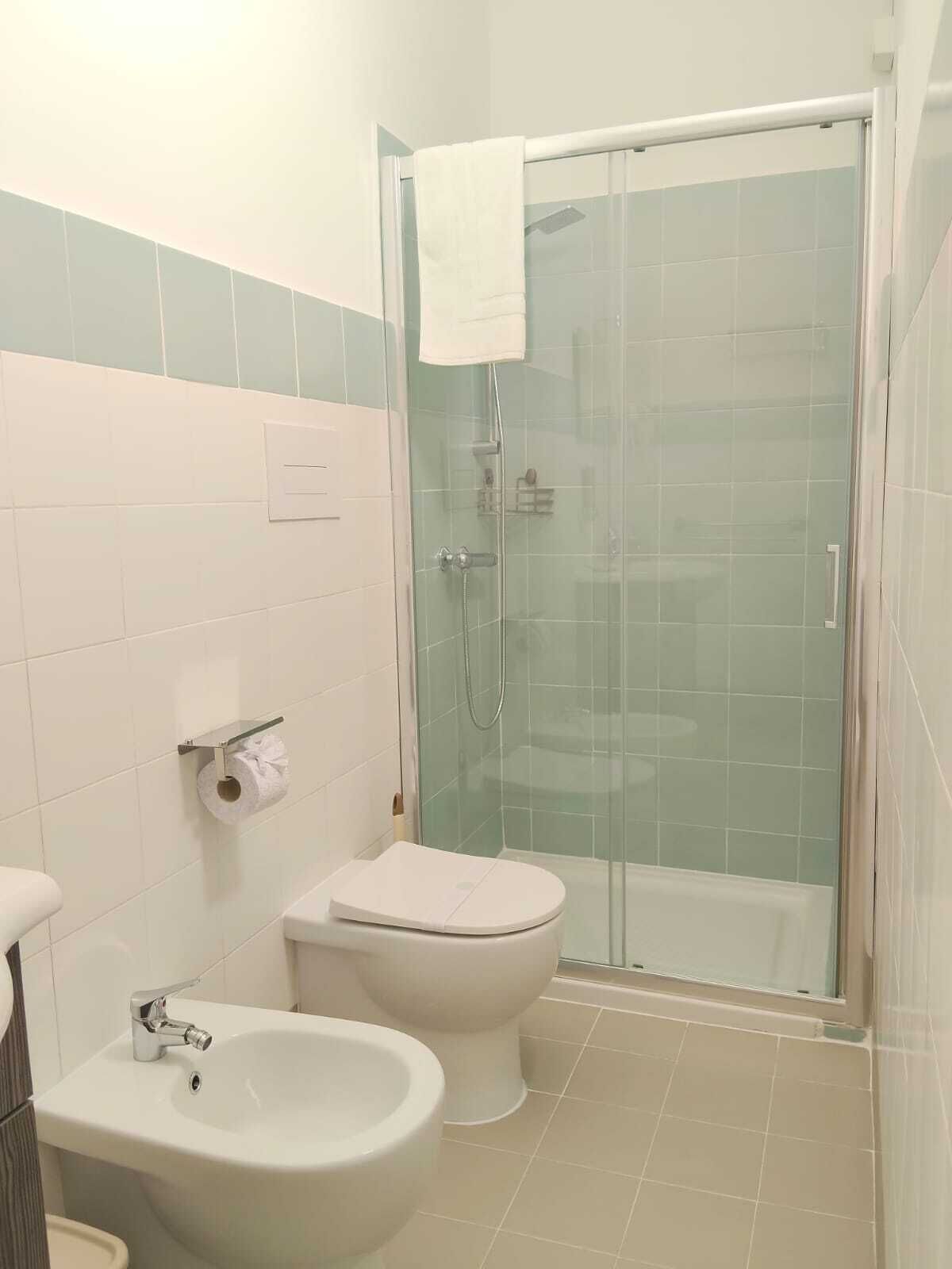 A bathroom with a toilet, bidet, and glass-enclosed shower.