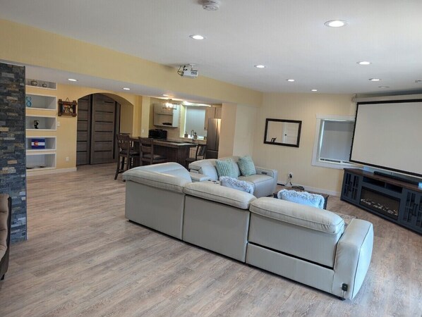 Smart TV, fireplace, books