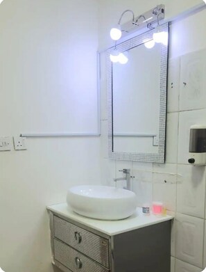 Hair dryer, towels, soap, toilet paper