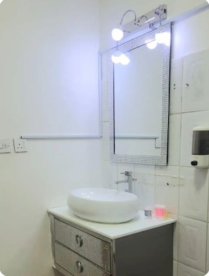Hair dryer, towels, soap, toilet paper
