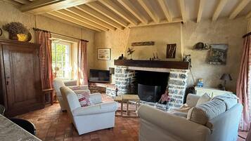 TV connectée, cheminée, lecteur de DVD, baby-foot