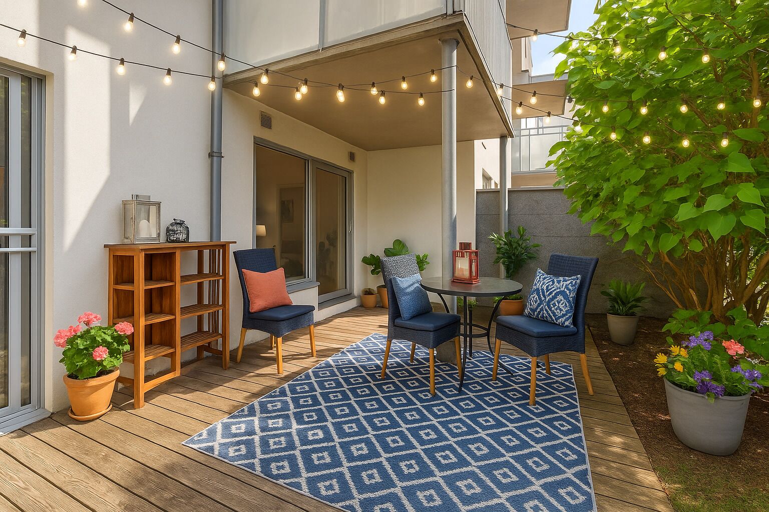 An outdoor patio with a wooden deck, blue patterned rug, two blue chairs, a small round table, and string lights.
