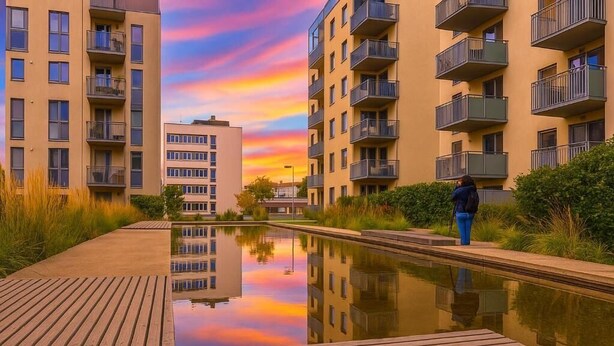A modern apartment building with balconies, a reflective water feature, and a wooden boardwalk.