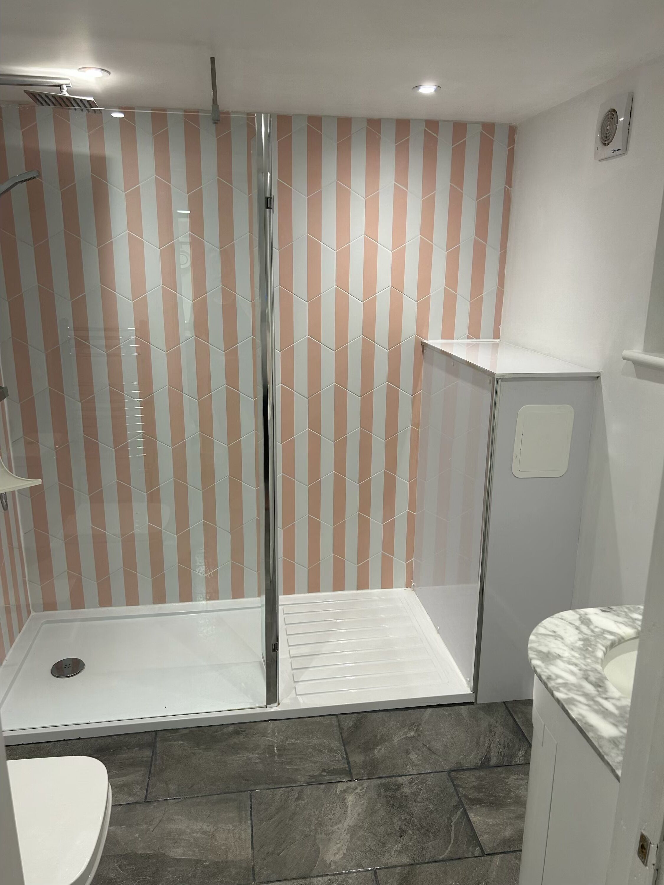 Shower, towels, toilet paper