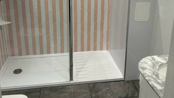 Shower, towels, toilet paper
