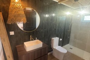 Hair dryer, towels, soap, toilet paper