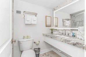 Shower, hair dryer, towels, shampoo