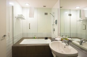 Hair dryer, towels, soap, shampoo