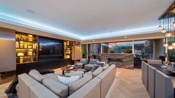 Smart TV, fireplace, DVD player, books