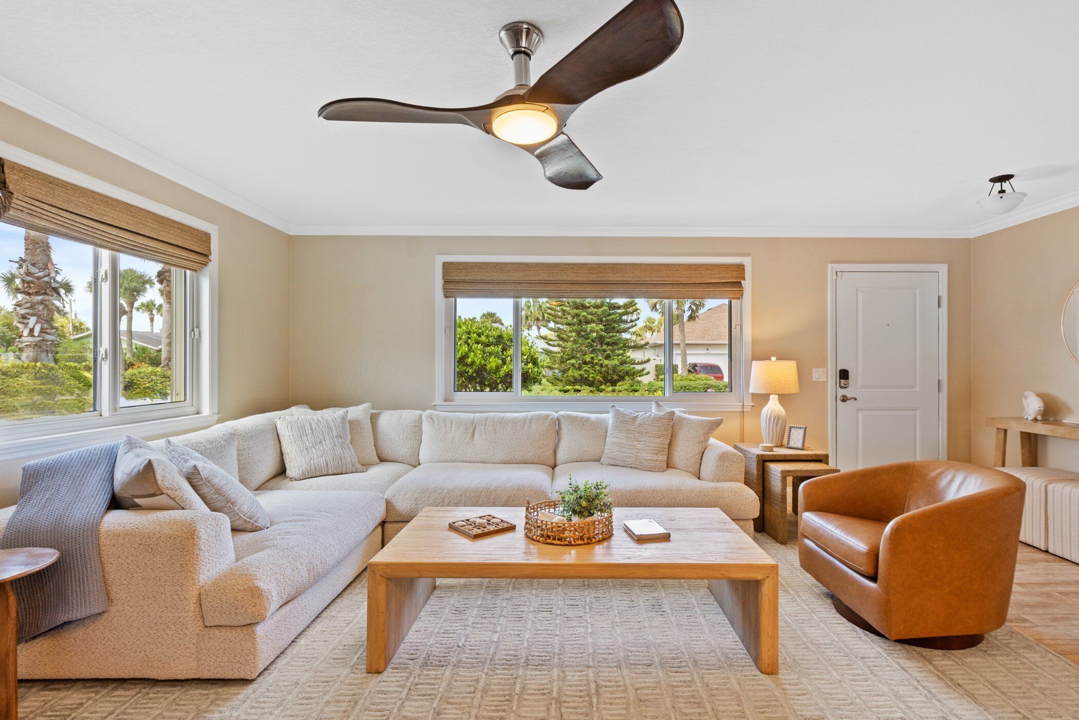 Smart TV, fireplace, books, stereo