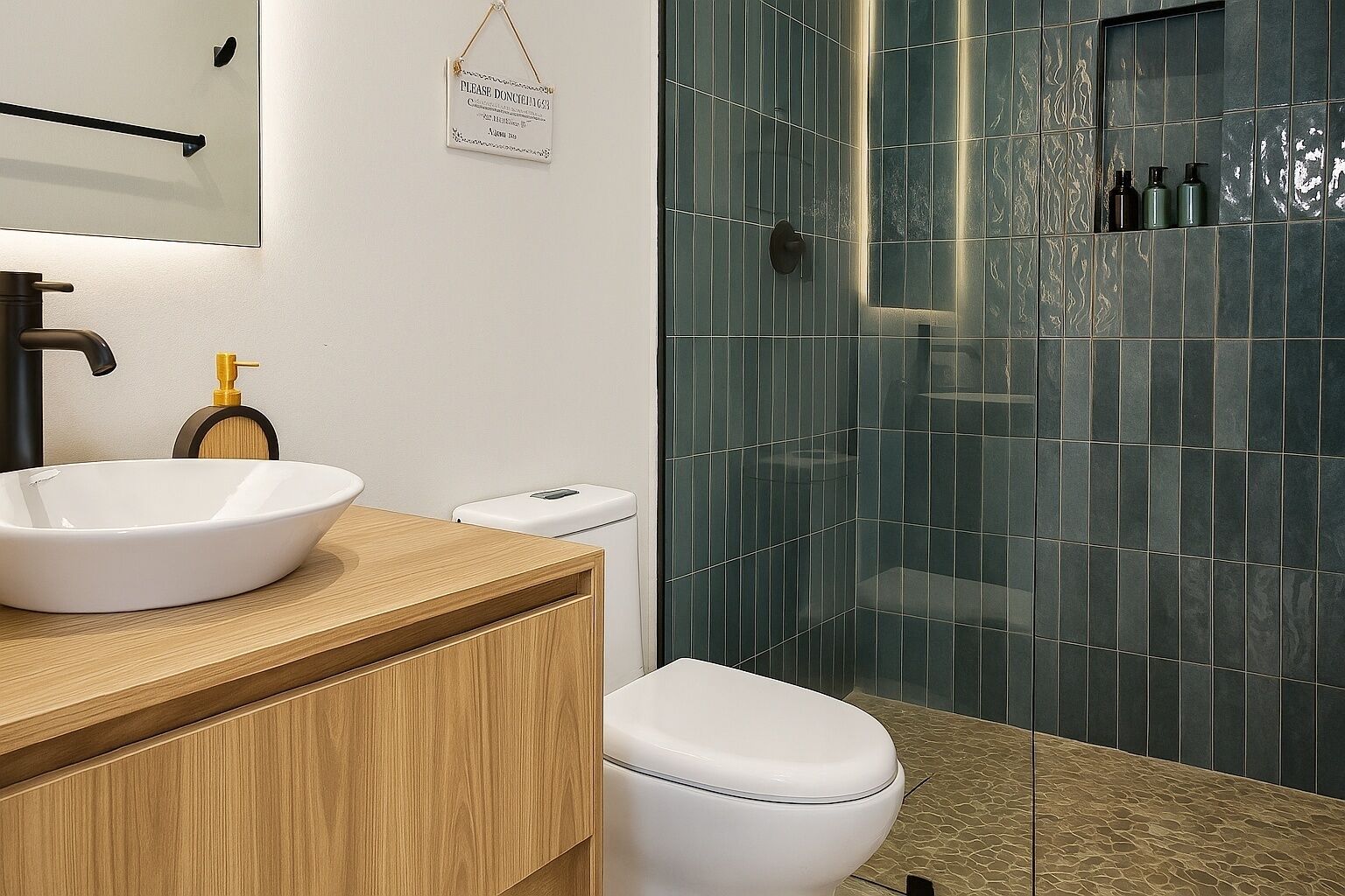A modern bathroom with a white sink, wooden countertop, and a glass shower enclosure.