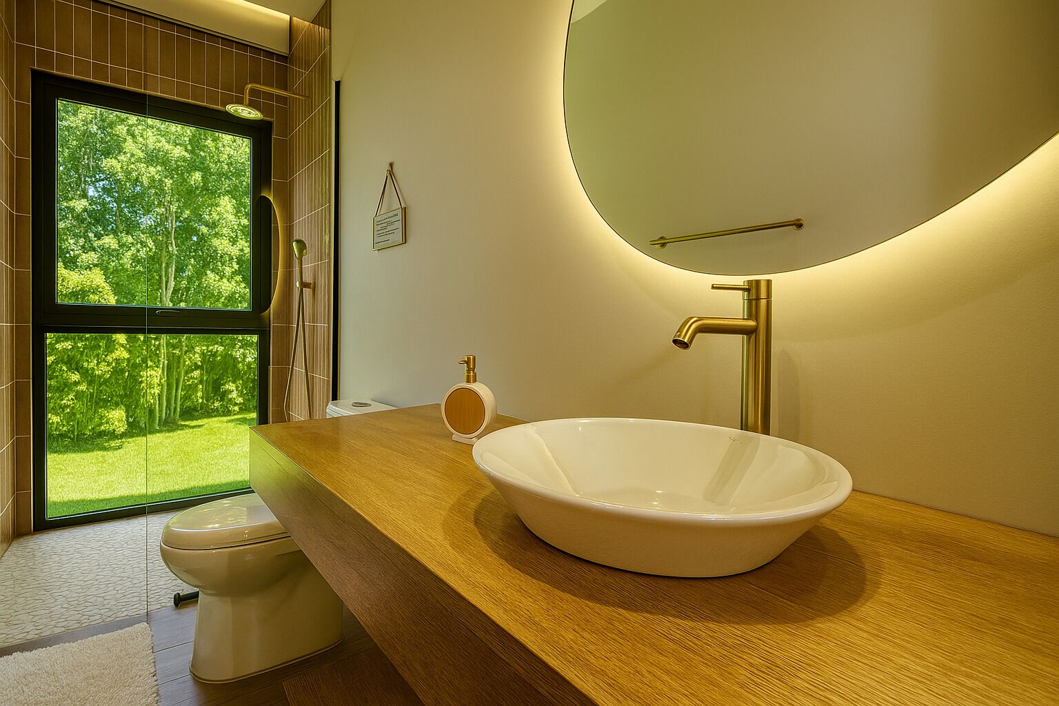 Ein modernes Badezimmer mit einem großen, ovalen Waschbecken, einer Toilette und einem Fenster mit Blick auf eine grüne Landschaft.