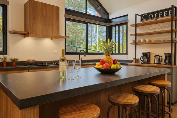 Full-size fridge, stovetop, coffee/tea maker, electric kettle