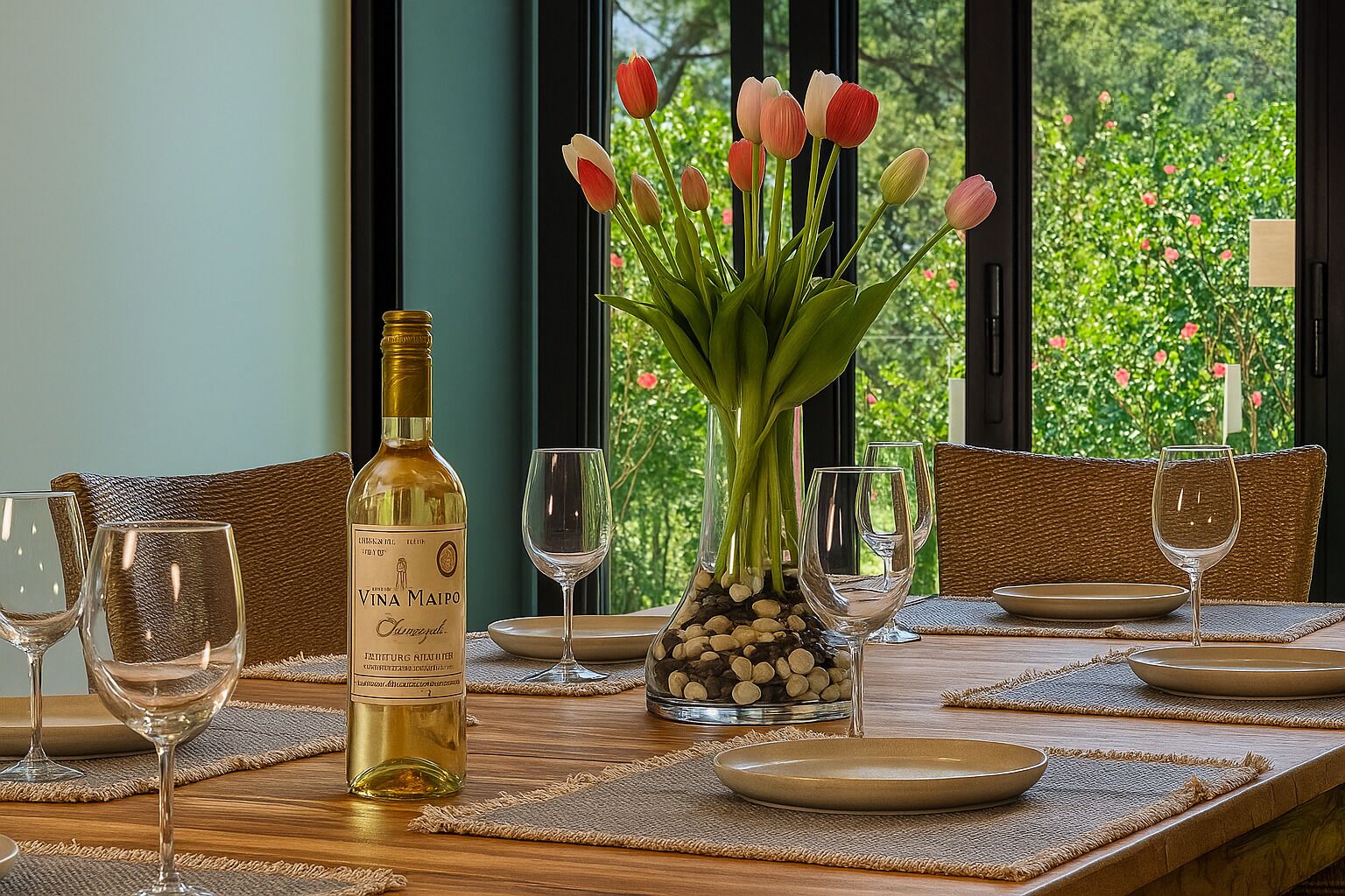 Een gedekte eettafel met wijnglazen, borden en een fles Vina Maipo wijn, met een vaas tulpen en uitzicht op groen buiten het raam.