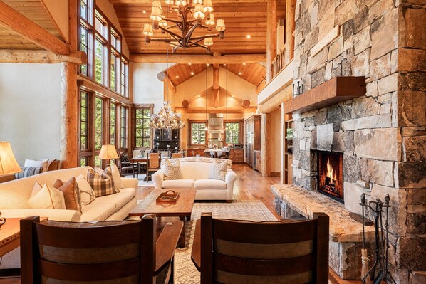 Fernseher, Kamin, Bücher, Arbeitsbereiche