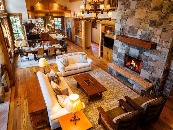 TV, fireplace, books, offices
