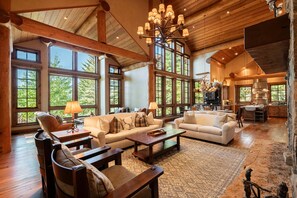 TV, fireplace, books, offices