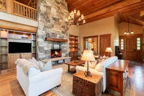 TV, fireplace, books, offices