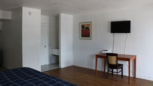Una habitación con una cama, un escritorio, una silla, un televisor y una puerta que da a un baño.