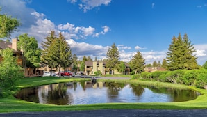 Un quartier résidentiel avec un étang, des maisons et des voitures garées.