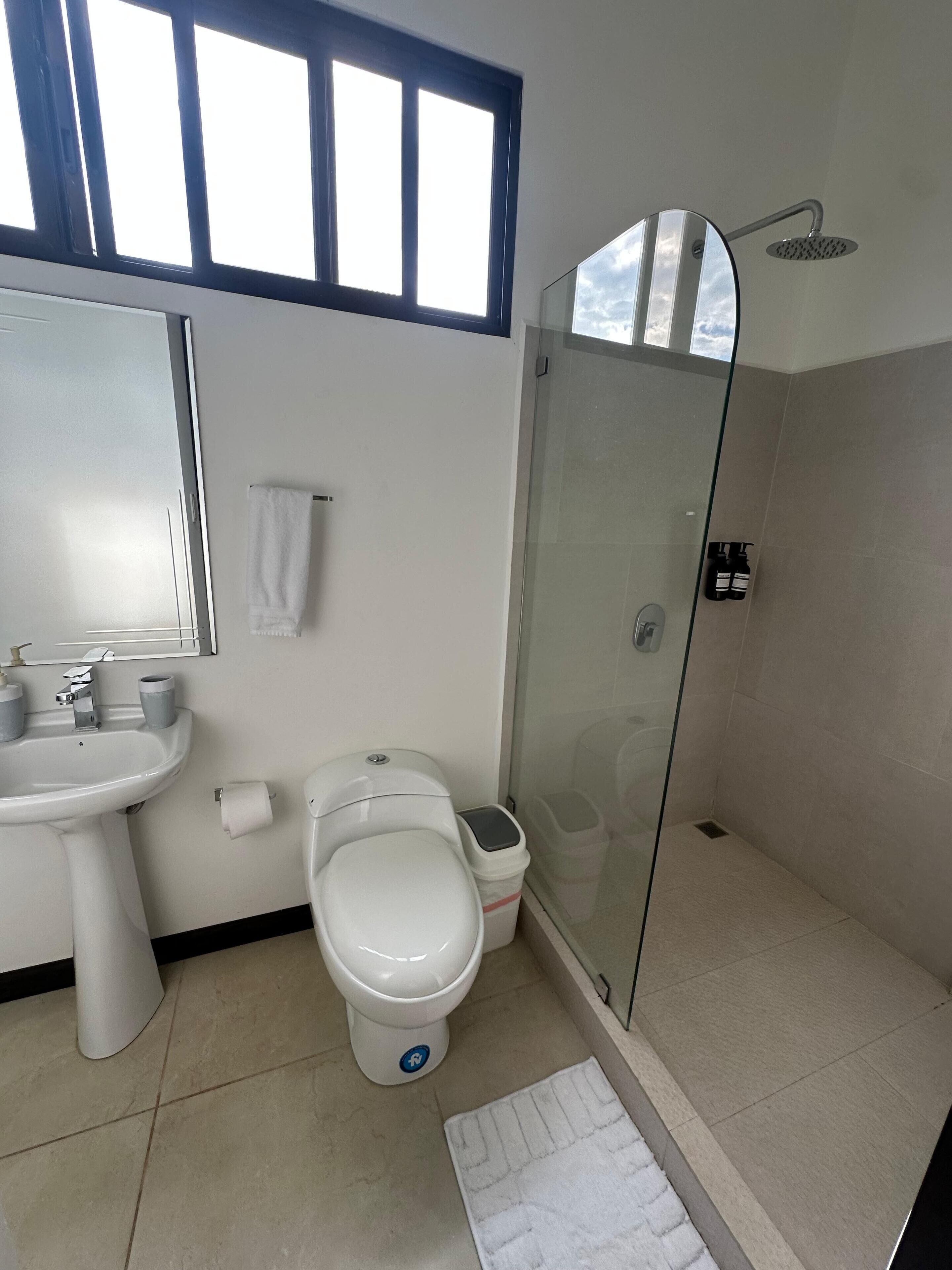 A bathroom with a toilet, sink, and glass-enclosed shower.