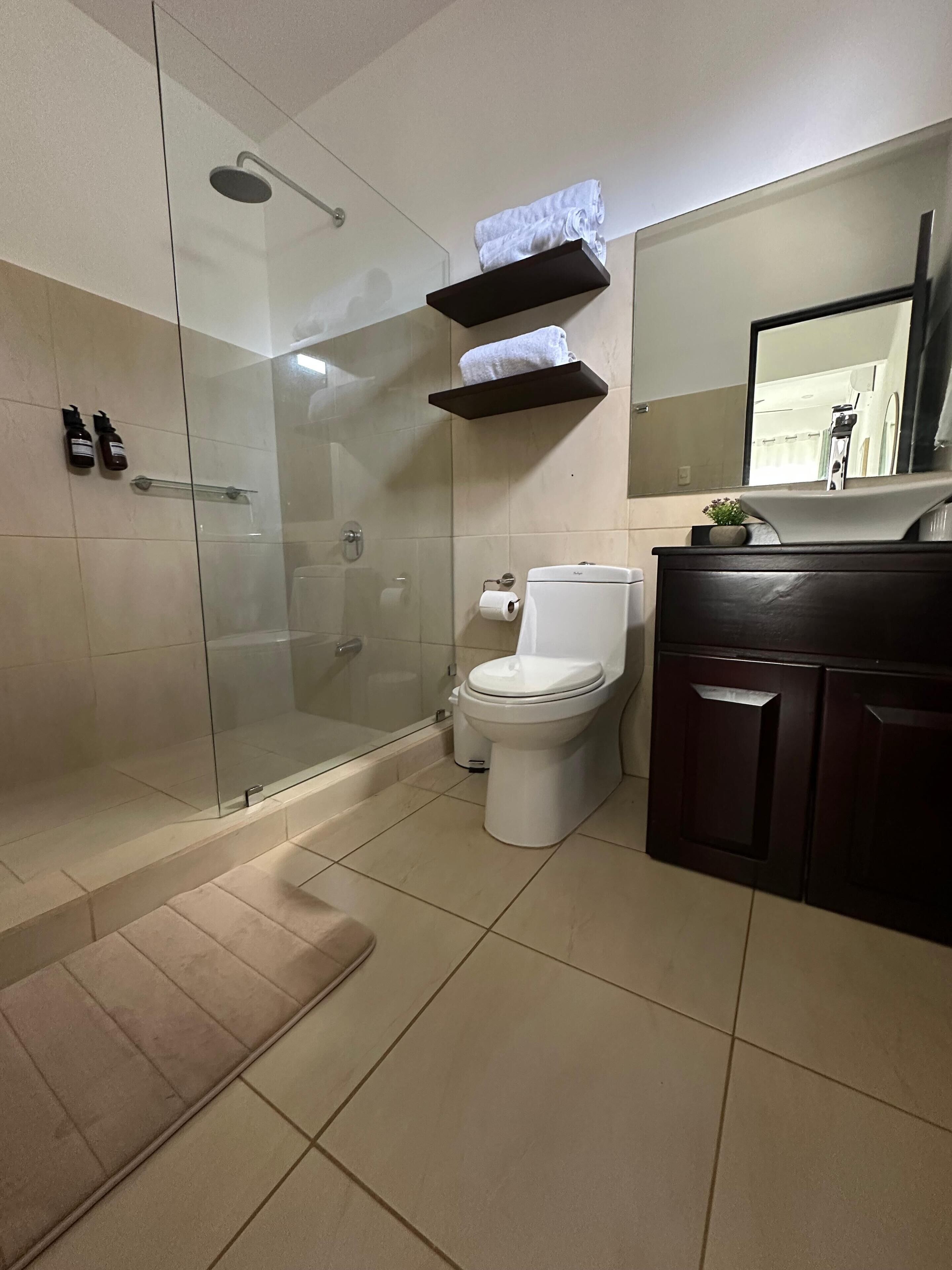 A modern bathroom with a glass-enclosed shower, a toilet, and a dark wooden vanity with a mirror.