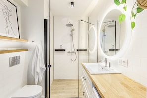 Douche, séchoir à cheveux, serviettes fournies