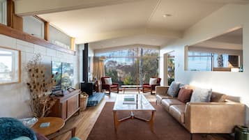 Smart-TV, Kamin, Bücher, Stereoanlage