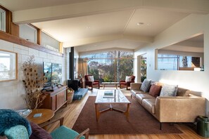 Smart TV, fireplace, books, stereo