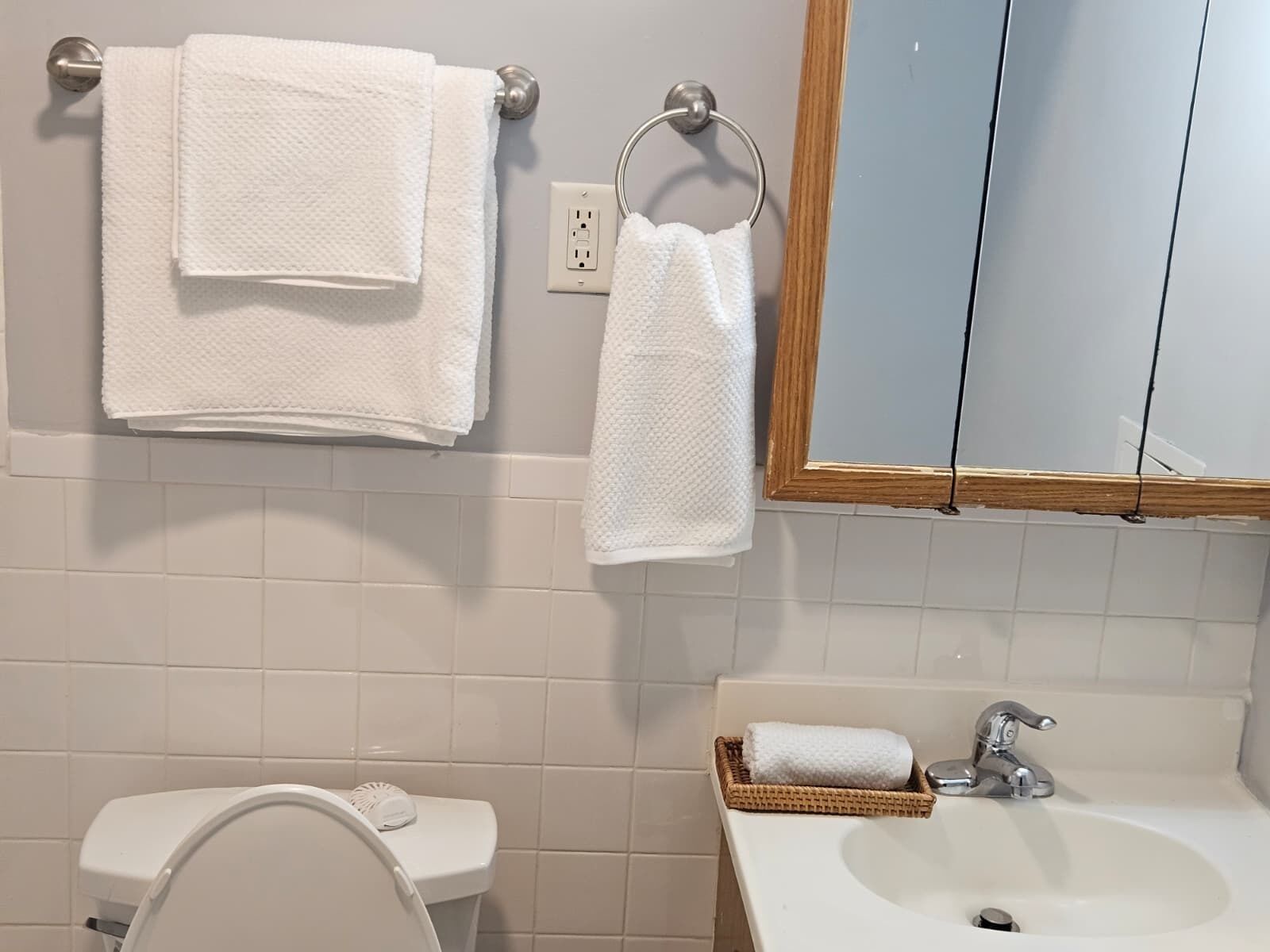 Hair dryer, towels, soap, toilet paper