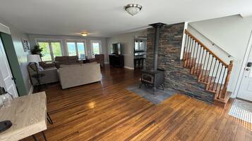 Smart TV, fireplace, books