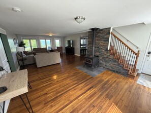 Smart TV, fireplace, books