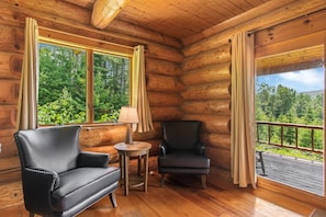 Smart TV, fireplace, books, offices