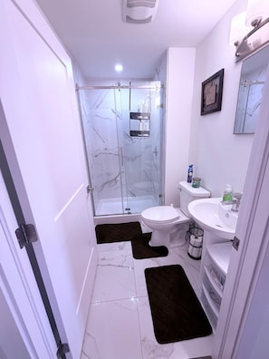 Shower, hair dryer, towels, soap