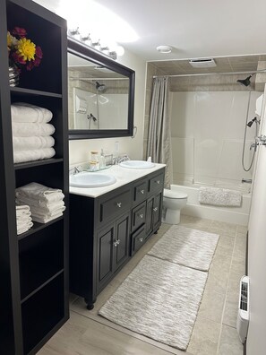 Hair dryer, towels, soap, shampoo