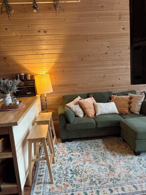 TV connectée, cheminée, livres