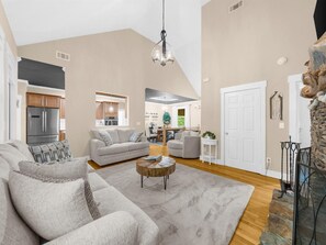 Smart TV, fireplace, video games, DVD player