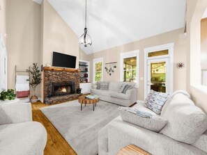 Smart TV, fireplace, video games, DVD player