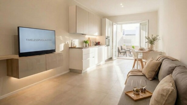 A modern living room with a flat-screen TV, a sofa, and a dining area with a table and chairs. - Borgo Felice 5 (Cozy Apartment with Balcony) (Bari)