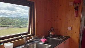 Una cocina pequeña con paredes de madera, un lavamanos y una ventana con vistas a un paisaje verde.