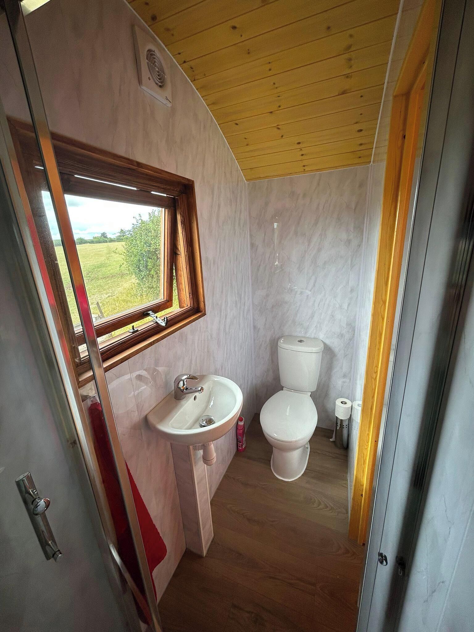 Une petite salle de bain avec un plafond en bois, une fenêtre, un lavabo et des toilettes.